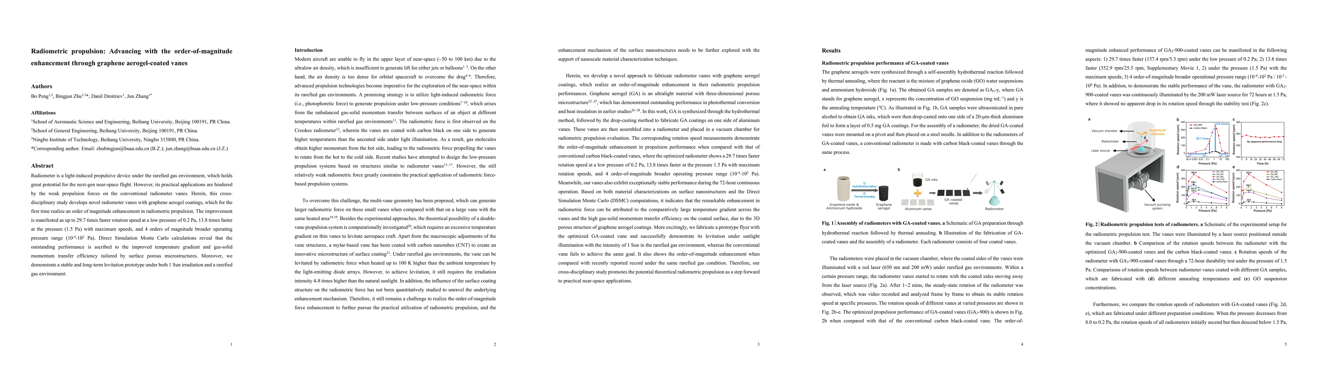 Thumbnail for Radiometric propulsion: Advancing with the order-of-magnitude
  enhancement through graphene aerogel-coated vanes