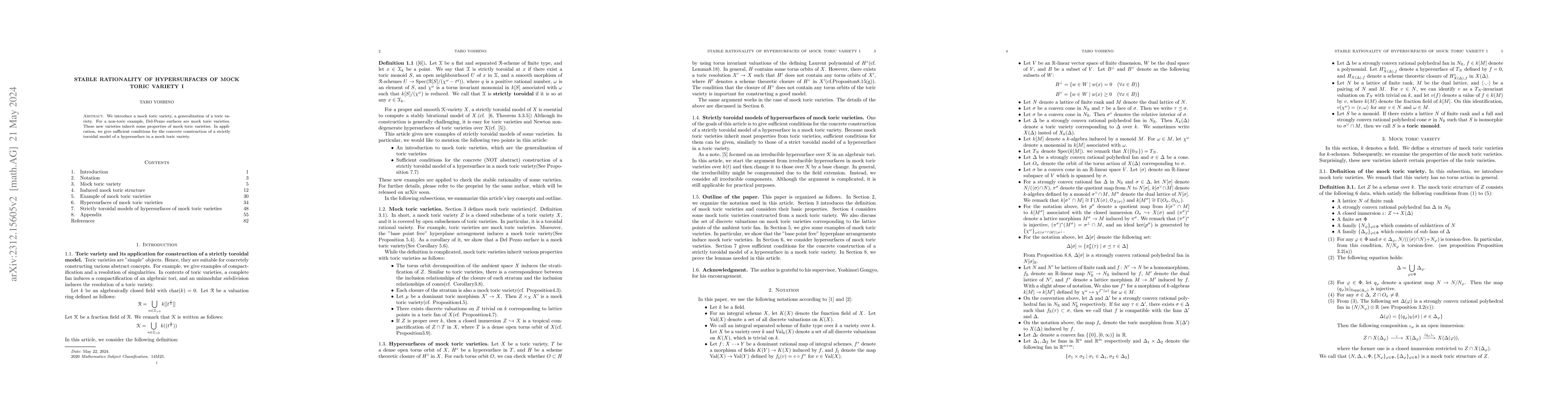 Thumbnail for Stable rationality of hypersurfaces of mock toric variety I