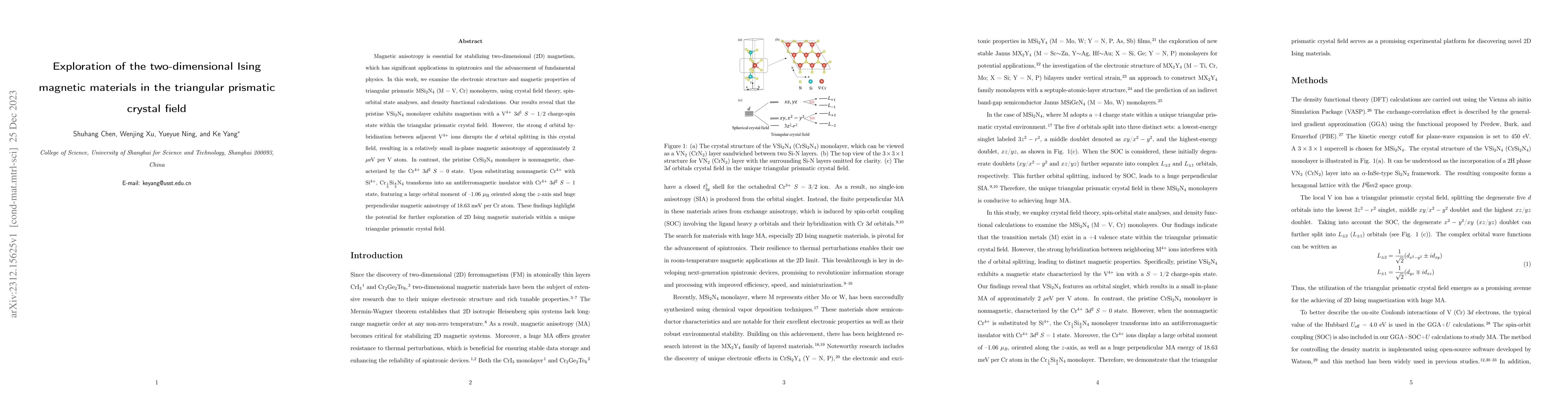 Thumbnail for Exploration of the two-dimensional Ising magnetic materials in the
  triangular prismatic crystal field