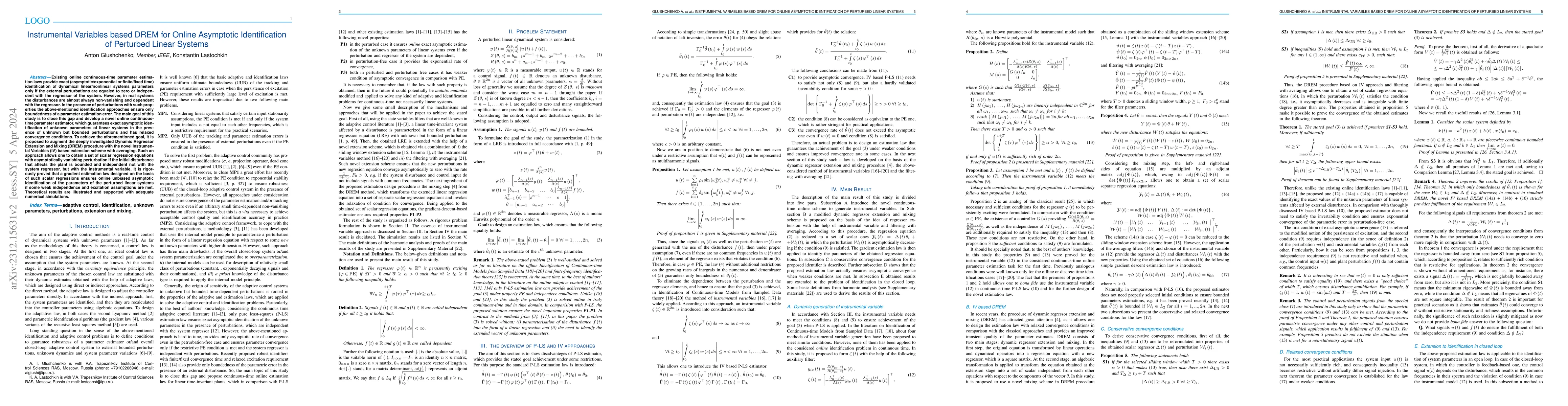 Thumbnail for Instrumental Variables based DREM for Online Asymptotic Identification
  of Perturbed Linear Systems
