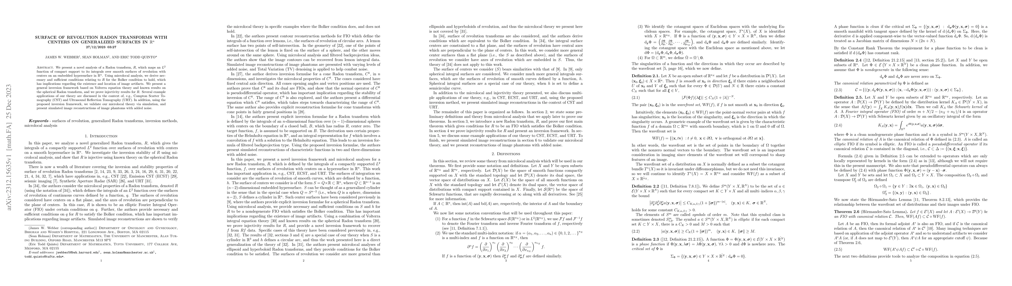 Thumbnail for Surface of revolution Radon transforms with centers on generalized
  surfaces in $\mathbb{R}^n$
