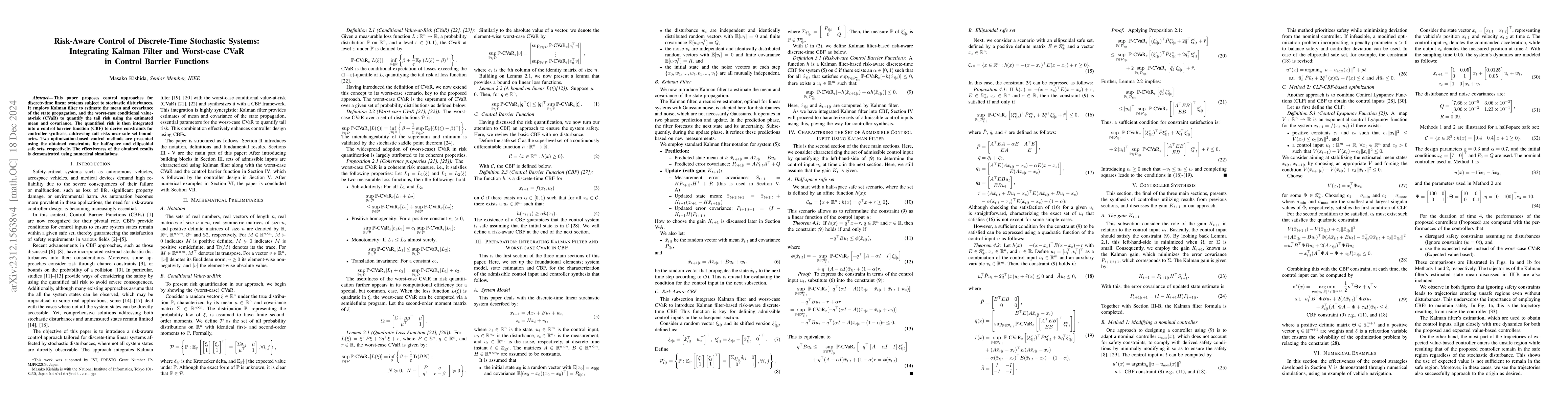 Thumbnail for Risk-Aware Control of Discrete-Time Stochastic Systems: Integrating
  Kalman Filter and Worst-case CVaR in Control Barrier Functions
