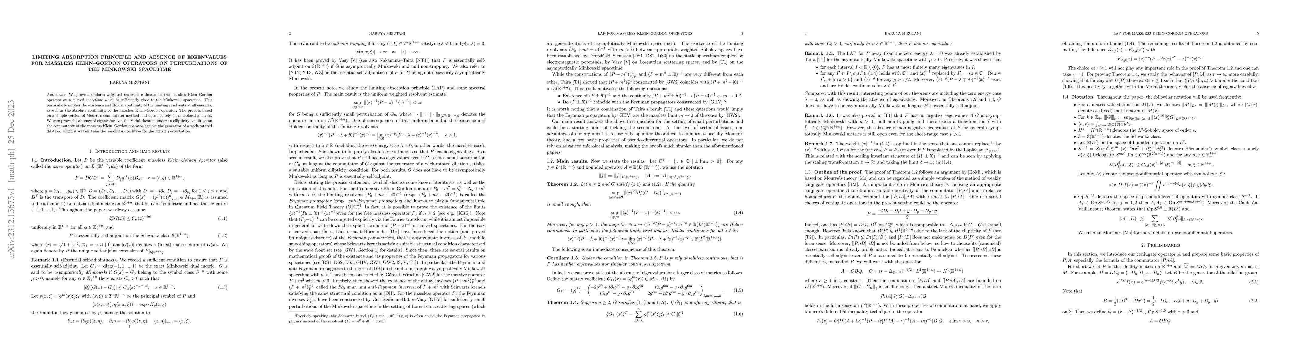 Thumbnail for Limiting absorption principle and absence of eigenvalues for massless
  Klein-Gordon operators on perturbations of the Minkowski spacetime