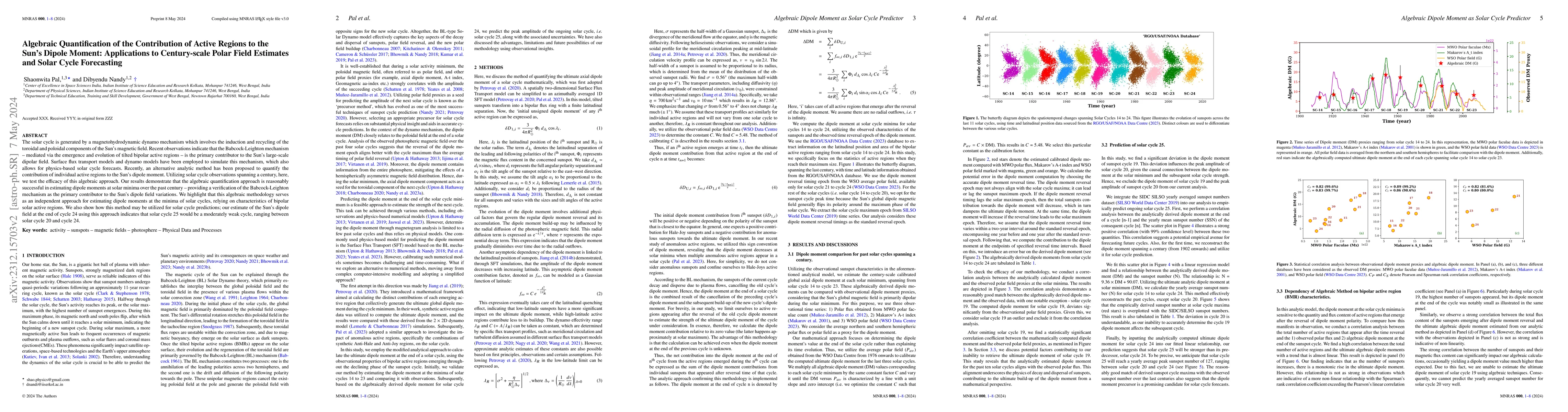 Thumbnail for Algebraic Quantification of the Contribution of Active Regions to the
  Sun's Dipole Moment: Applications to Century-scale Polar Field Estimates and
  Solar Cycle Forecasting