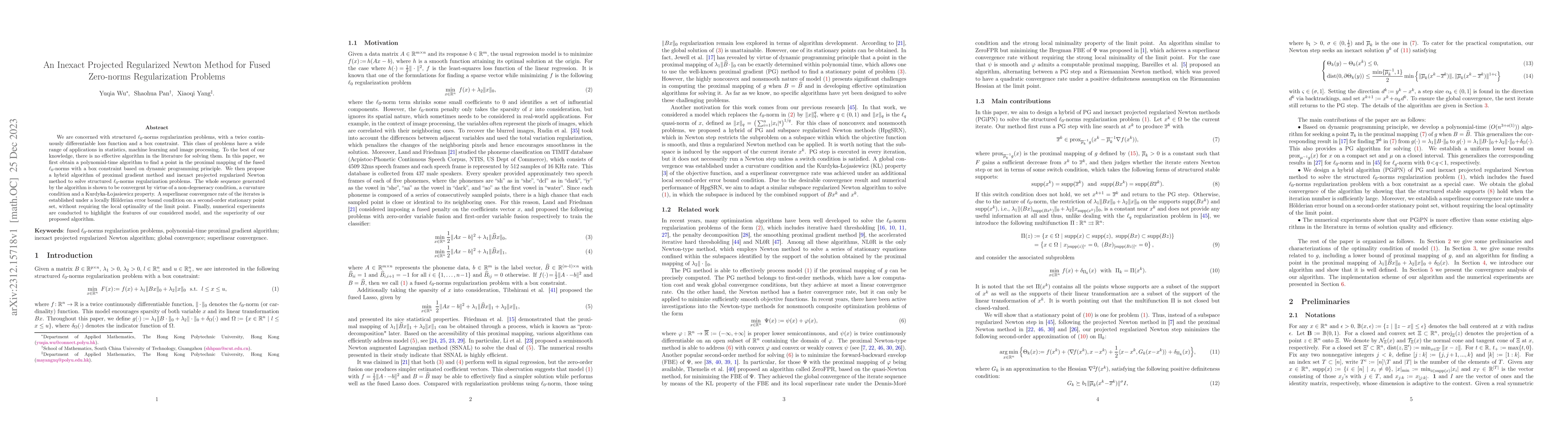 Thumbnail for An Inexact Projected Regularized Newton Method for Fused Zero-norms
  Regularization Problems