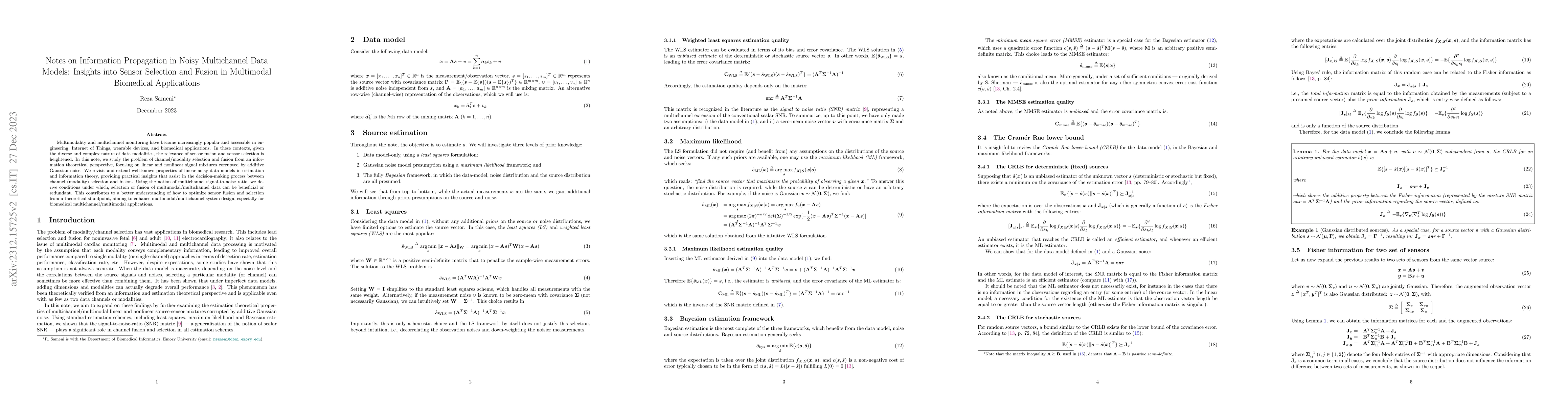 Thumbnail for Notes on Information Propagation in Noisy Multichannel Data Models:
  Insights into Sensor Selection and Fusion in Multimodal Biomedical
  Applications