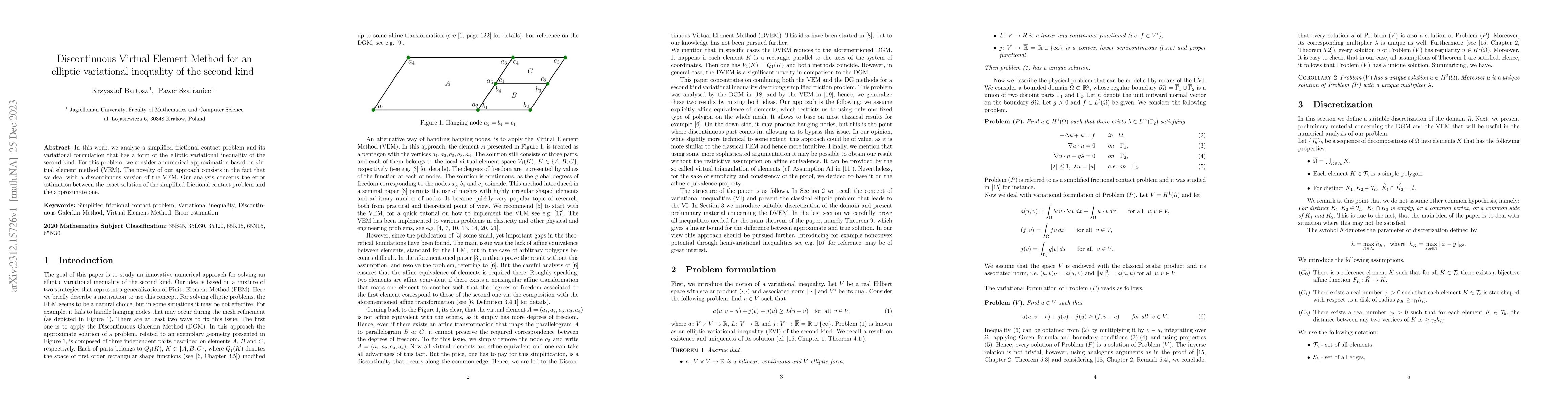 Thumbnail for Discontinuous Virtual Element Method for an elliptic variational
  inequality of the second kind