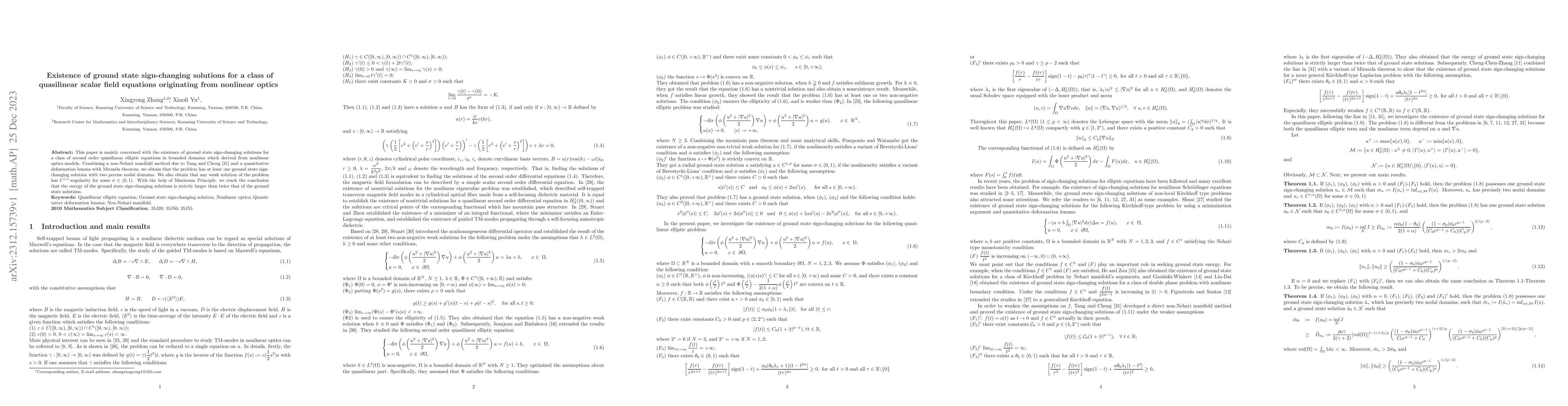 Thumbnail for Existence of ground state sign-changing solutions for a class of
  quasilinear scalar field equations originating from nonlinear optics