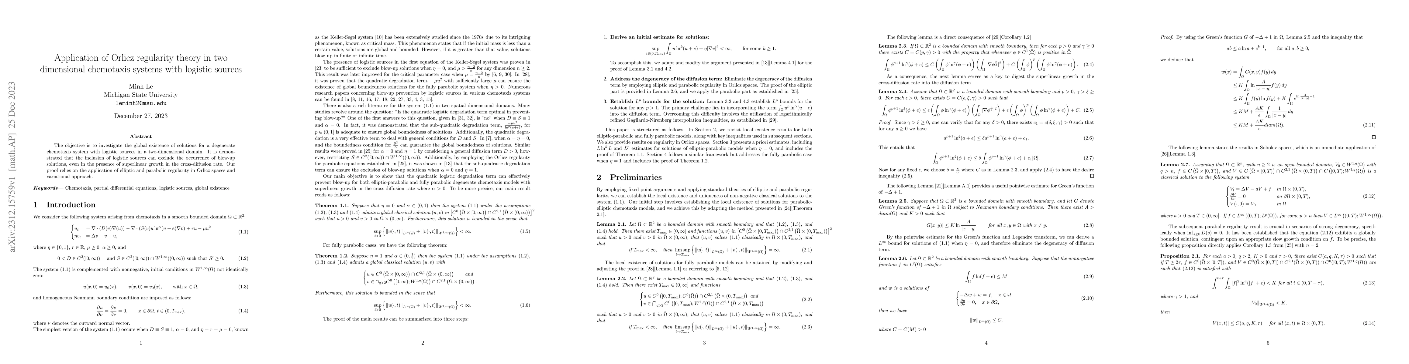 Thumbnail for Application of Orlicz regularity theory in two dimensional chemotaxis
  systems with logistic sources