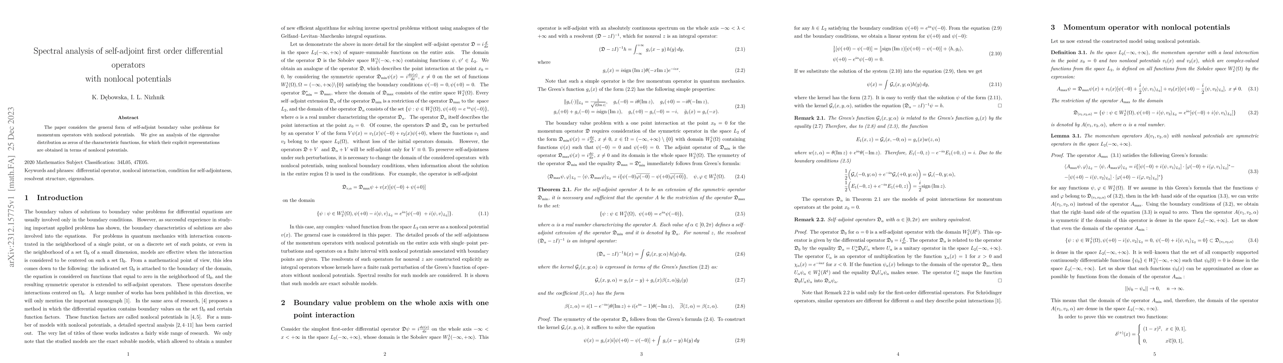 Thumbnail for Spectral analysis of self-adjoint first order differential operators
  with nonlocal potentials