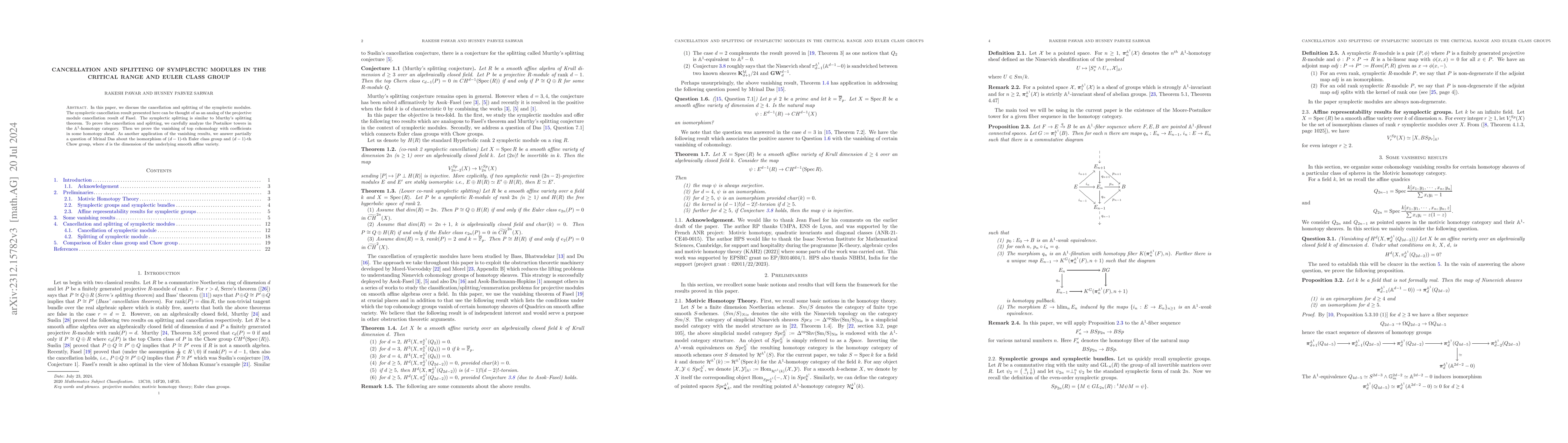 Thumbnail for Cancellation and splitting of Symplectic modules in the critical range
  and Euler class group