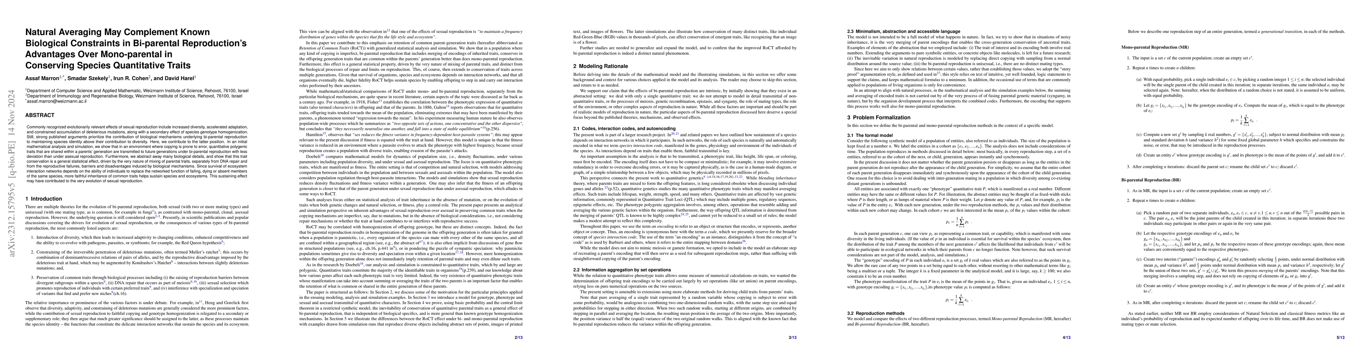 Thumbnail for Biparental Reproduction may Enhance Species Sustainability by Conserving
  Shared Parental Traits more Faithfully than Monoparental Reproduction