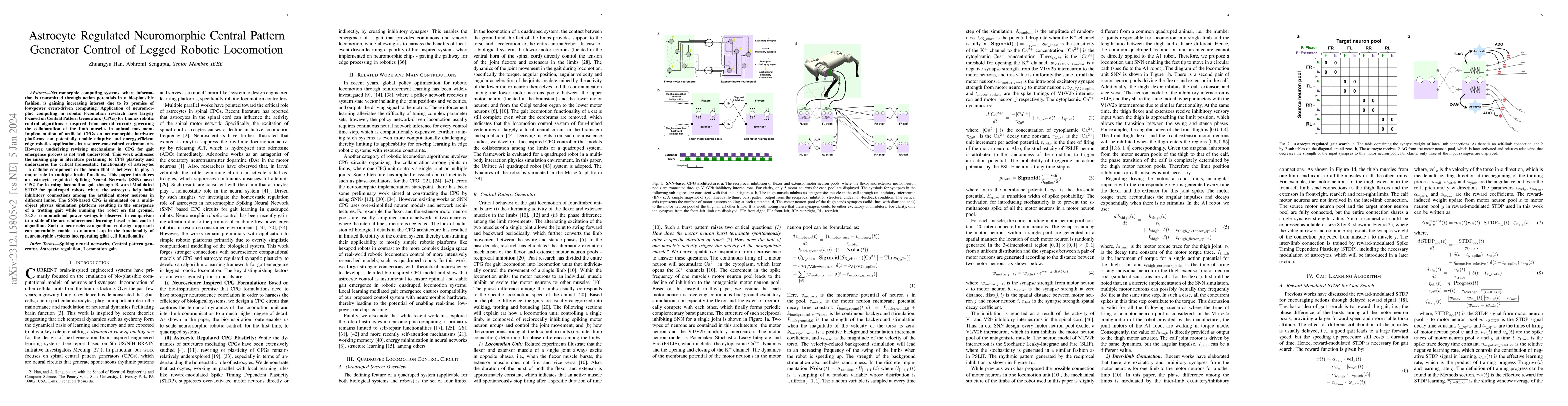 Thumbnail for Astrocyte Regulated Neuromorphic Central Pattern Generator Control of
  Legged Robotic Locomotion