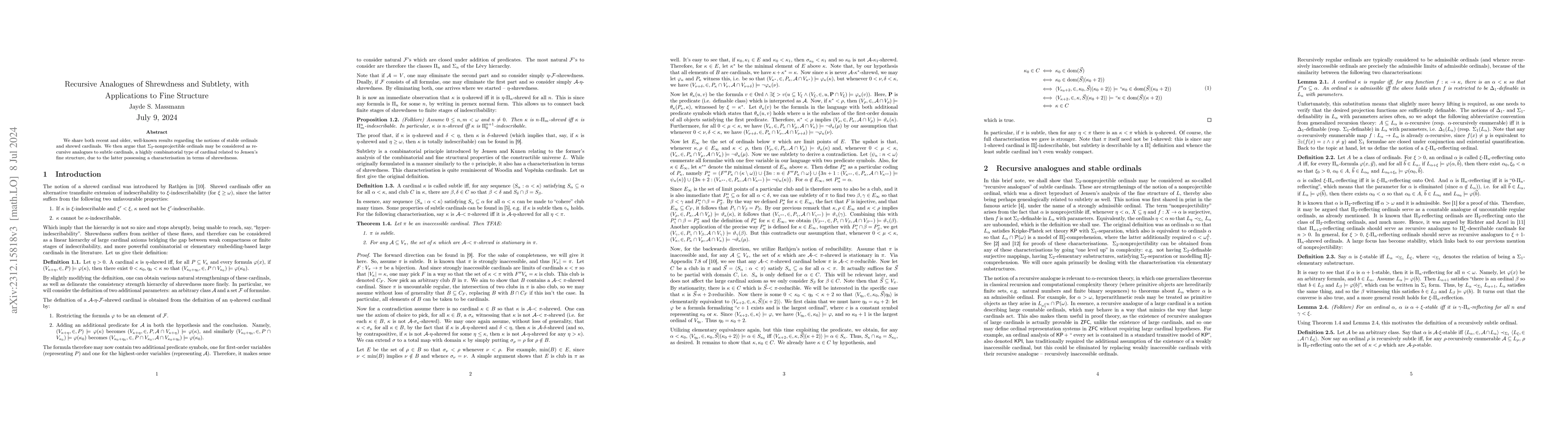 Thumbnail for Recursive Analogues of Shrewdness and Subtlety, with Applications to
  Fine Structure