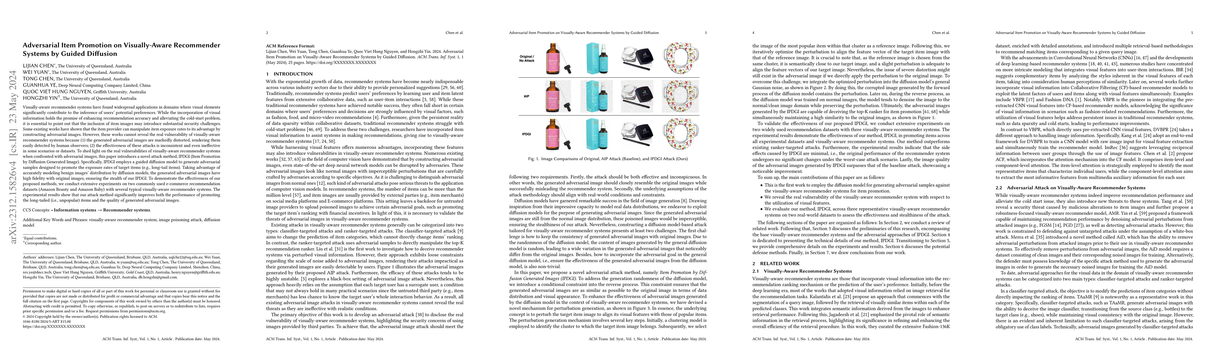Thumbnail for Adversarial Item Promotion on Visually-Aware Recommender Systems by
  Guided Diffusion