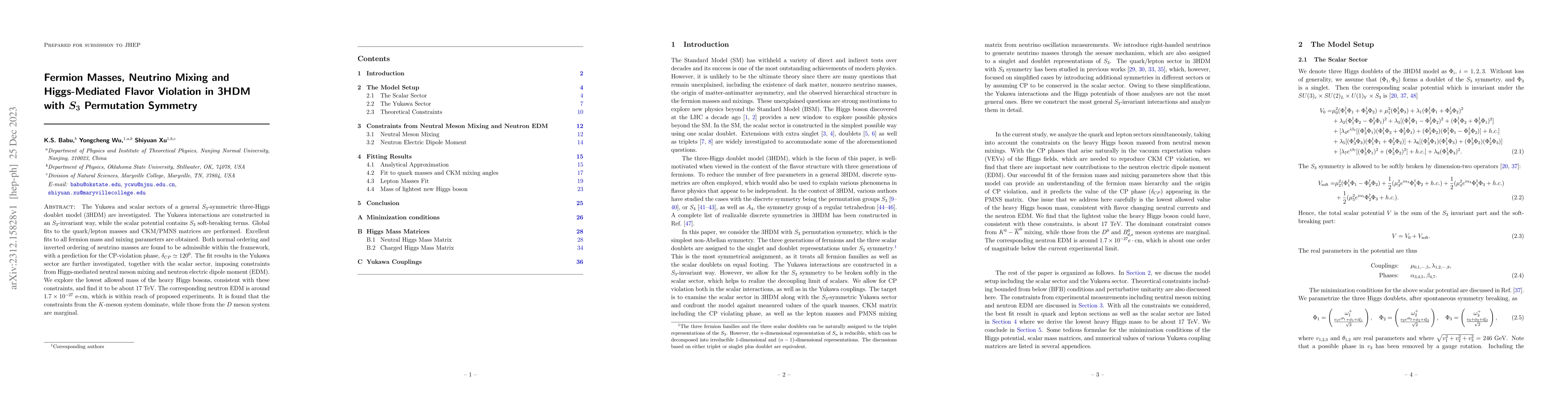 Thumbnail for Fermion Masses, Neutrino Mixing and Higgs-Mediated Flavor Violation in
  3HDM with $S_3$ Permutation Symmetry