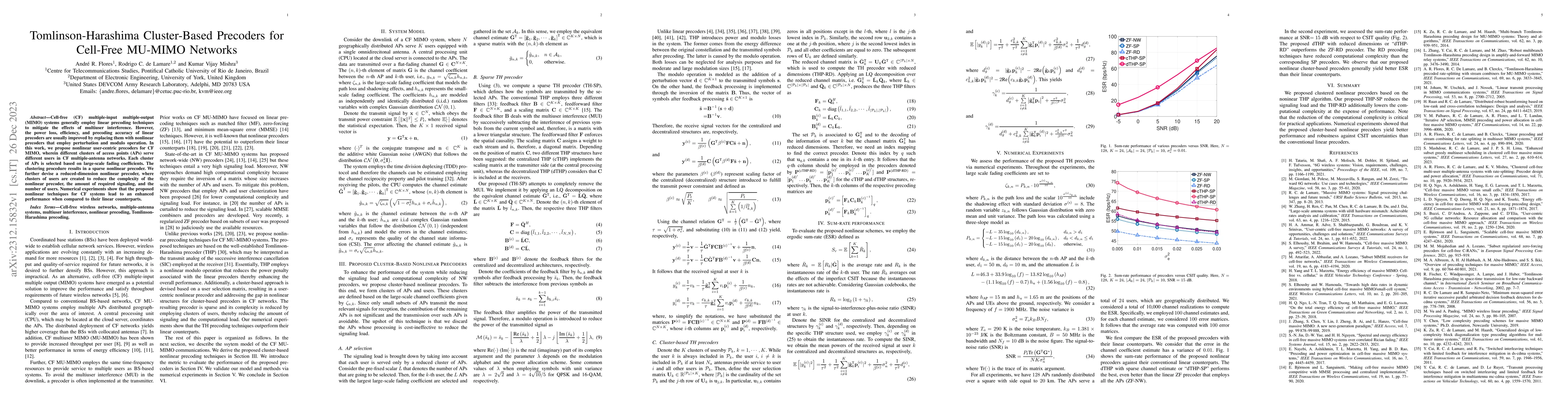 Thumbnail for Tomlinson-Harashima Cluster-Based Precoders for Cell-Free MU-MIMO
  Networks