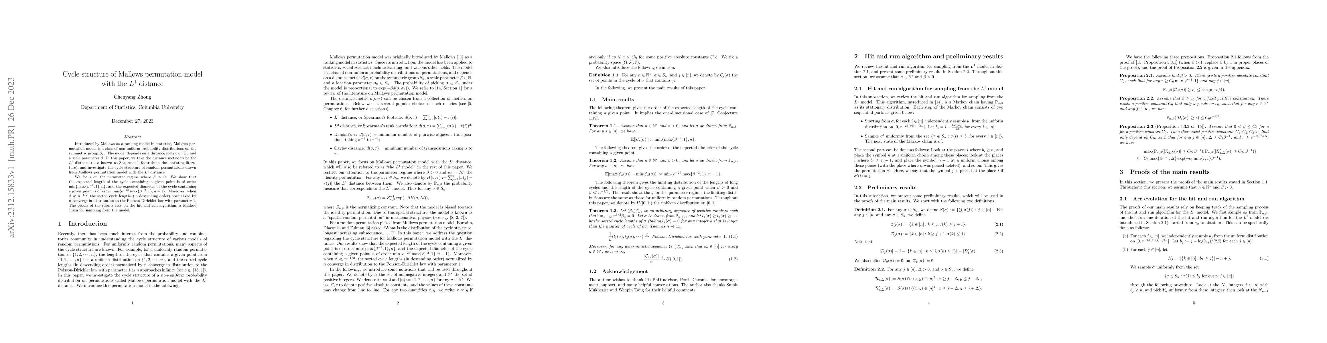Thumbnail for Cycle structure of Mallows permutation model with the $L^1$ distance