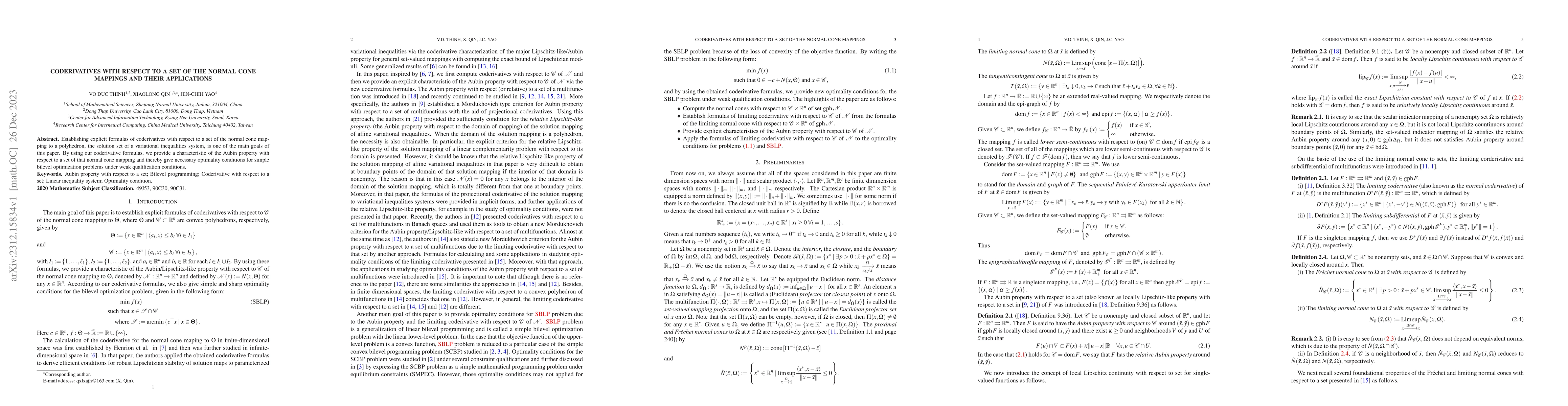 Thumbnail for Coderivatives with respect to a set of the normal cone mappings and
  their applications