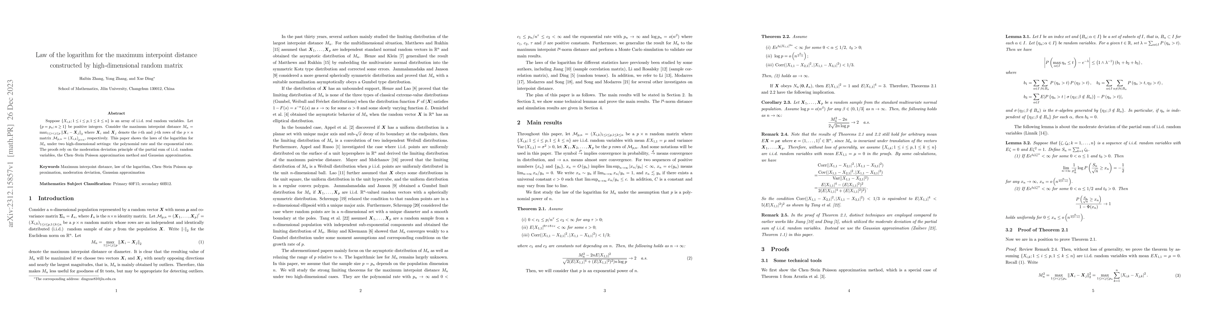 Thumbnail for Law of the logarithm for the maximum interpoint distance constructed by
  high-dimensional random matrix