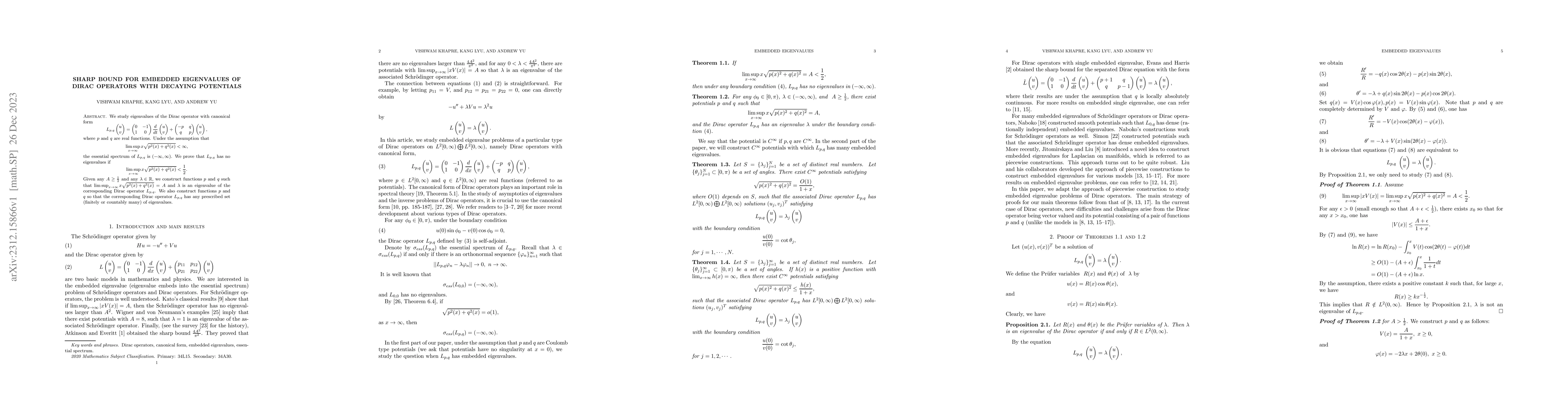 Thumbnail for Sharp bound for embedded eigenvalues of Dirac operators with decaying
  potentials