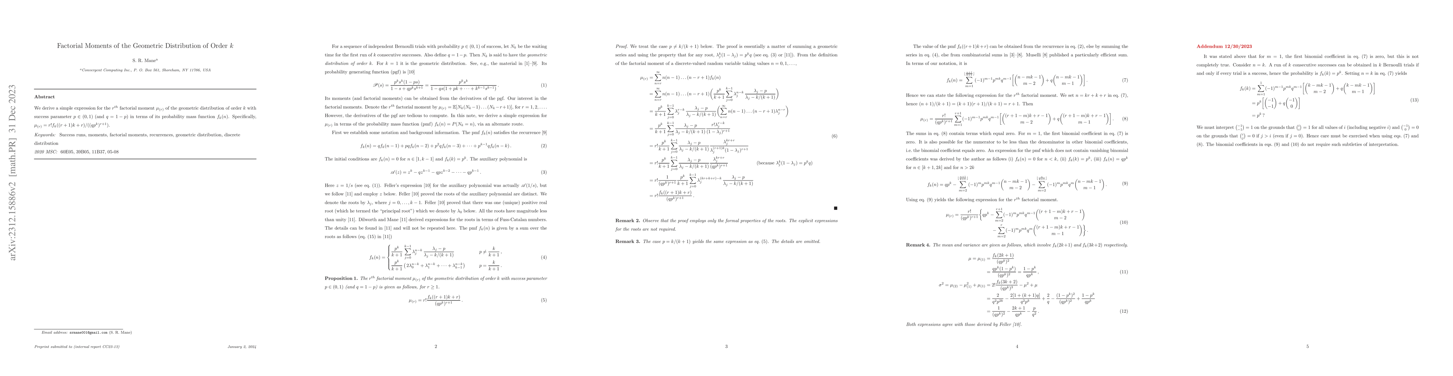 Thumbnail for Factorial Moments of the Geometric Distribution of Order $k$