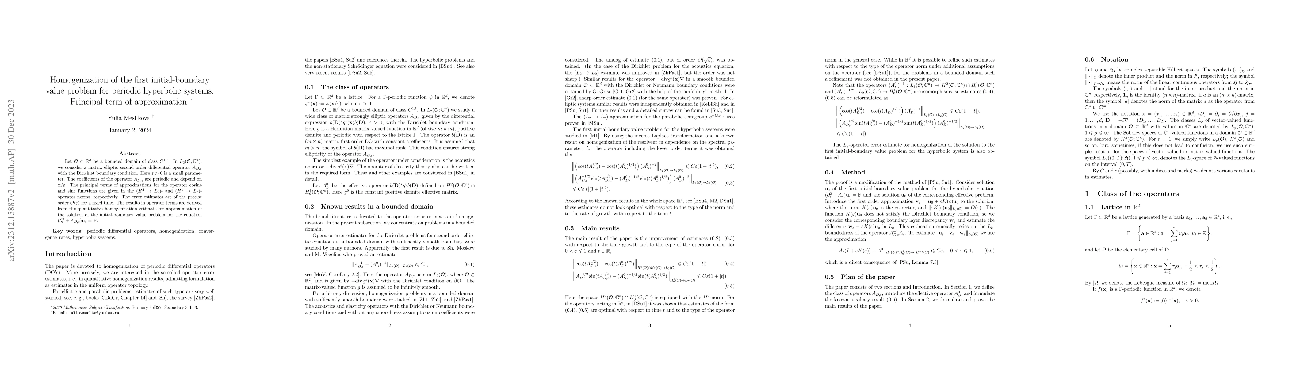 Thumbnail for Homogenization of the first initial-boundary value problem for periodic
  hyperbolic systems. Principal term of approximation