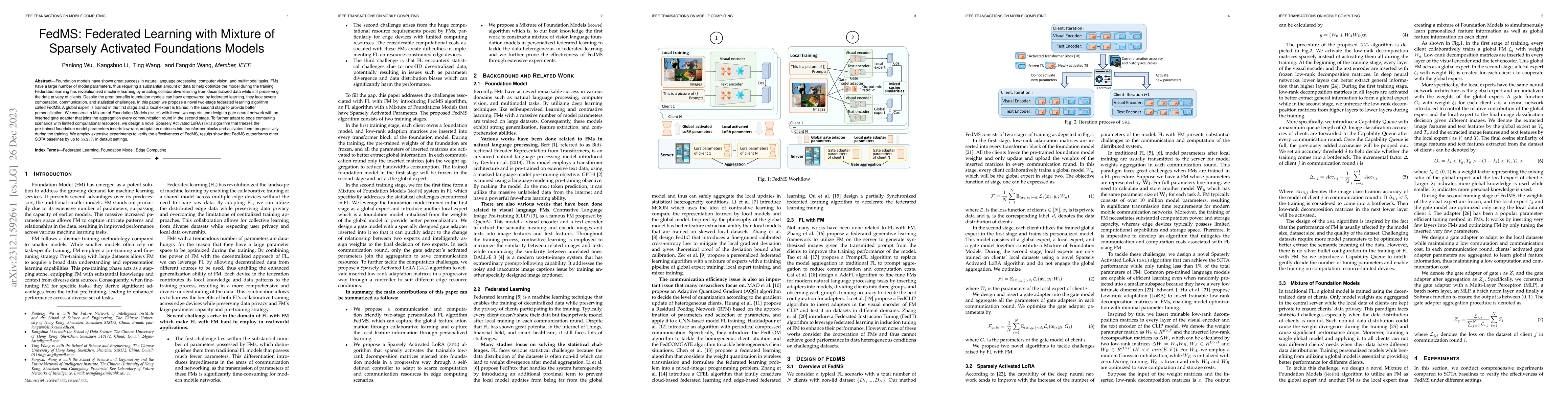 Thumbnail for FedMS: Federated Learning with Mixture of Sparsely Activated Foundations
  Models