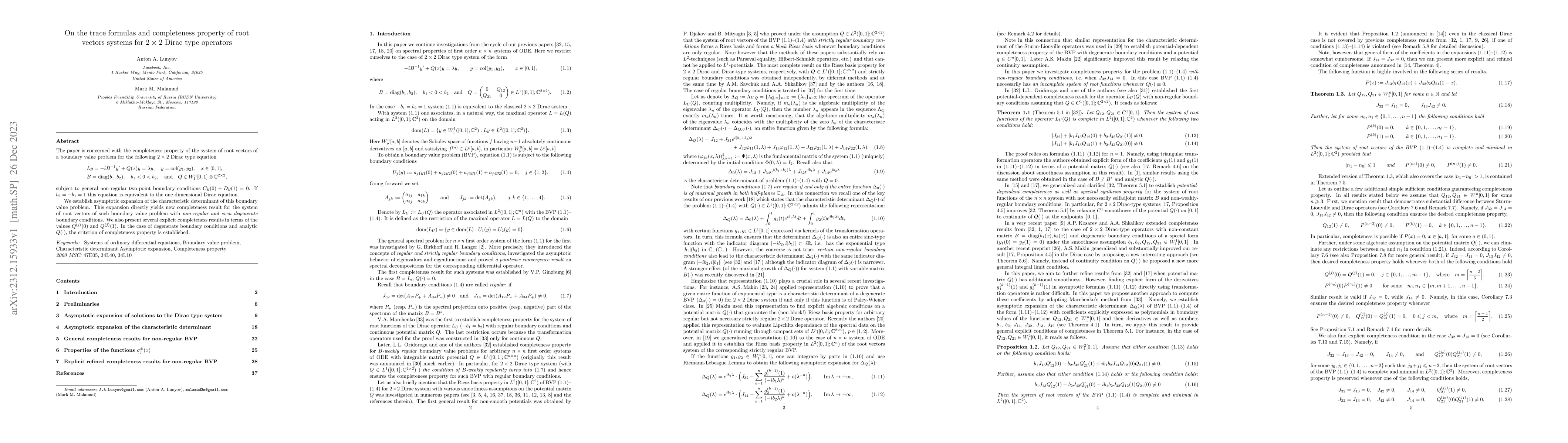 Thumbnail for On the trace formulas and completeness property of root vectors systems
  for $2 \times 2$ Dirac type operators