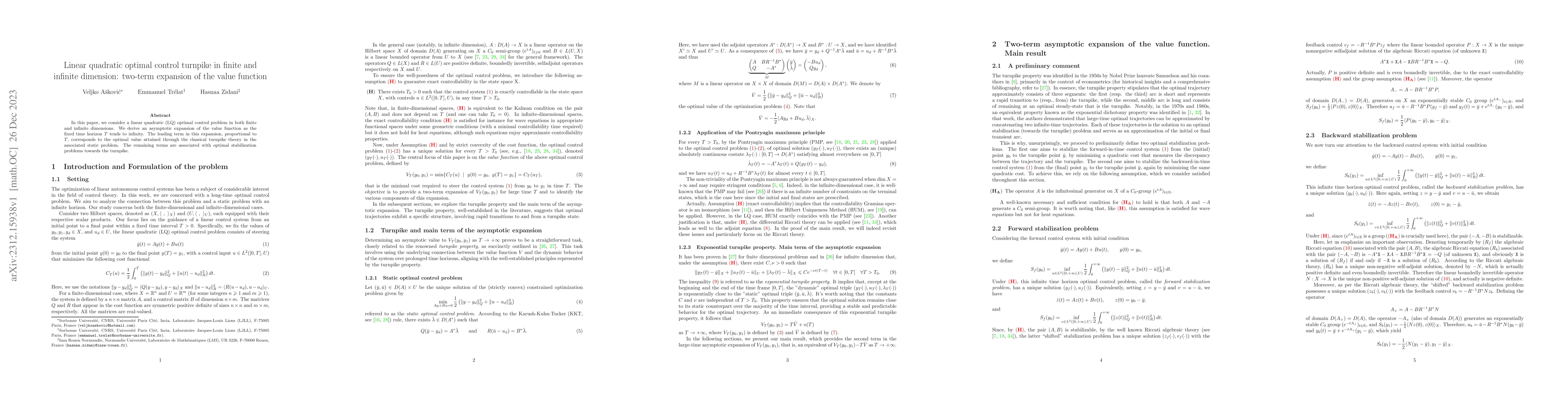 Thumbnail for Linear quadratic optimal control turnpike in finite and infinite
  dimension: two-term expansion of the value function
