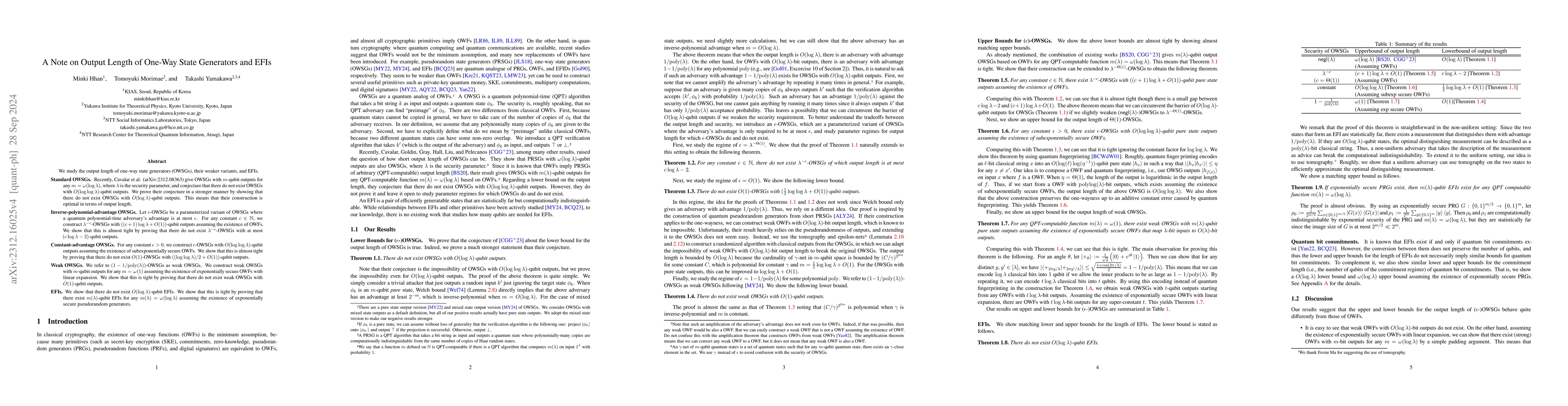 Thumbnail for A Note on Output Length of One-Way State Generators and EFIs