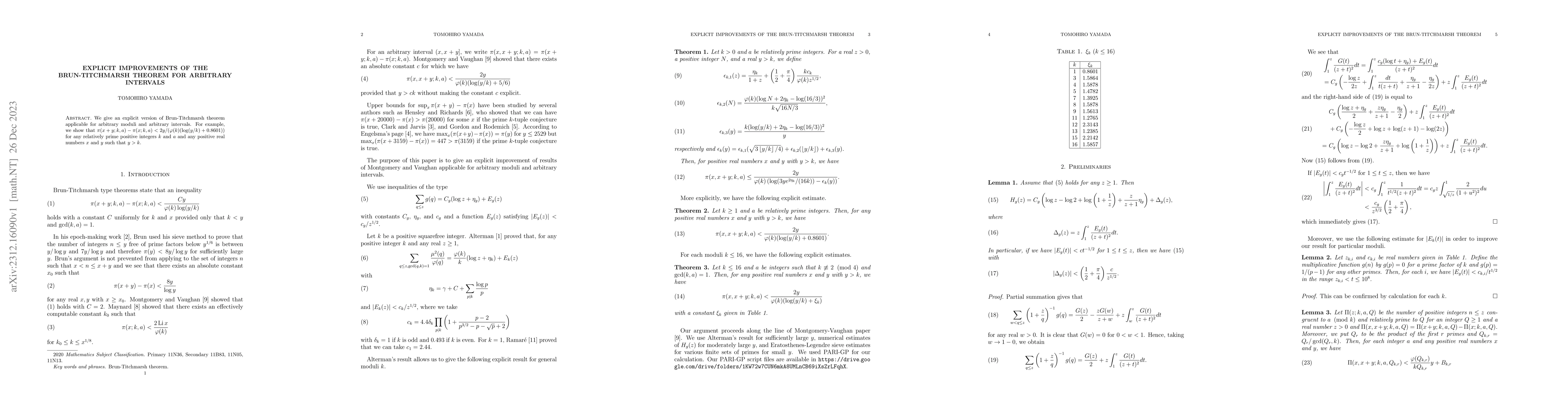 Thumbnail for Explicit improvements of the Brun-Titchmarsh theorem for arbitrary
  intervals