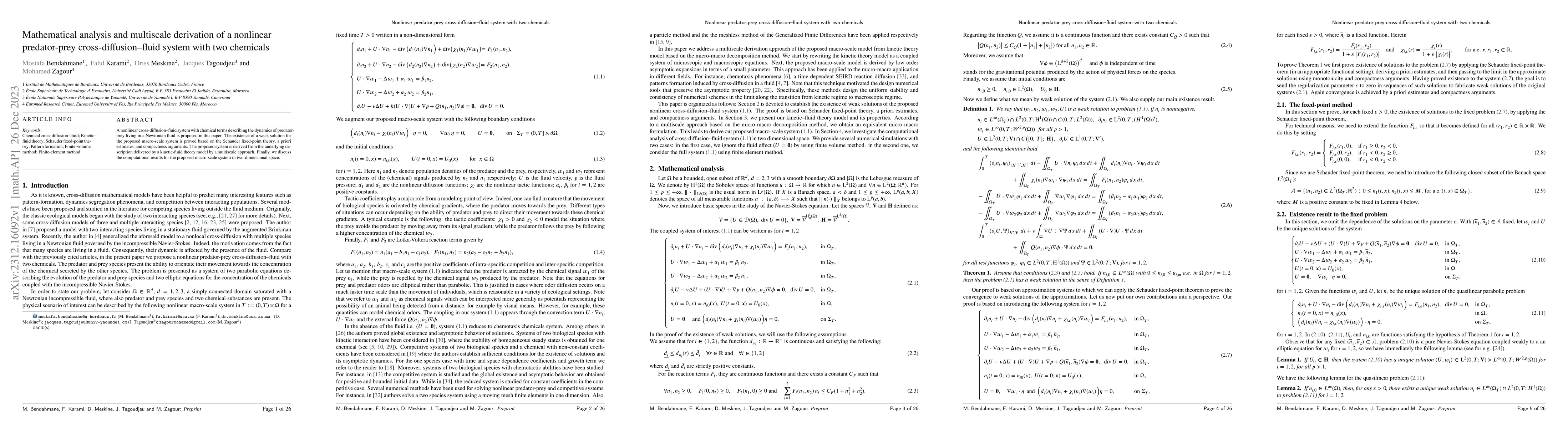 Thumbnail for Mathematical analysis and multiscale derivation of a nonlinear
  predator-prey cross-diffusion--fluid system with two chemicals