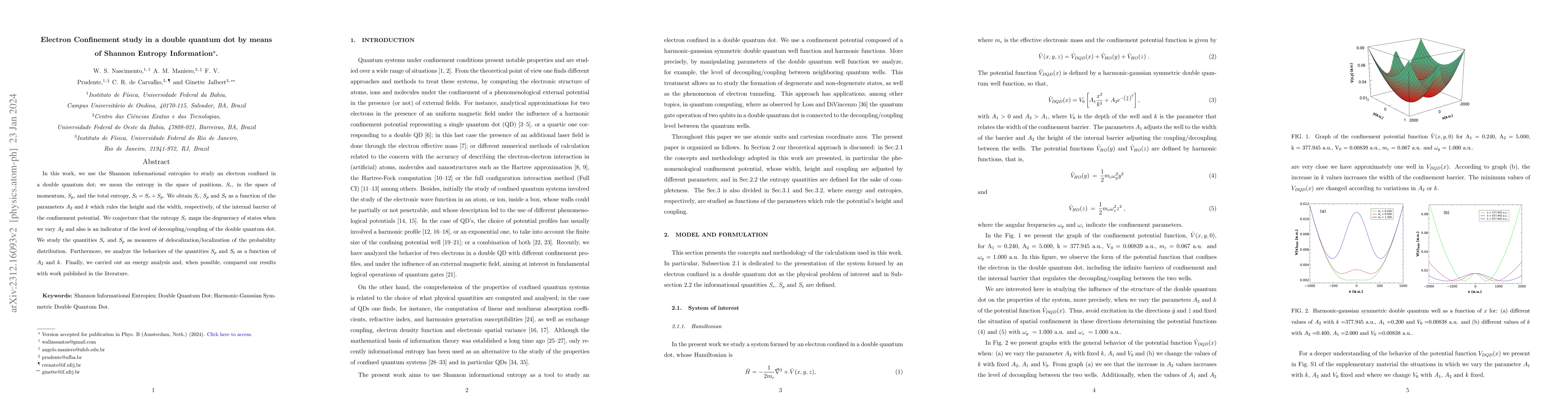 Thumbnail for Electron Confinement study in a double quantum dot by means of Shannon
  Entropy Information