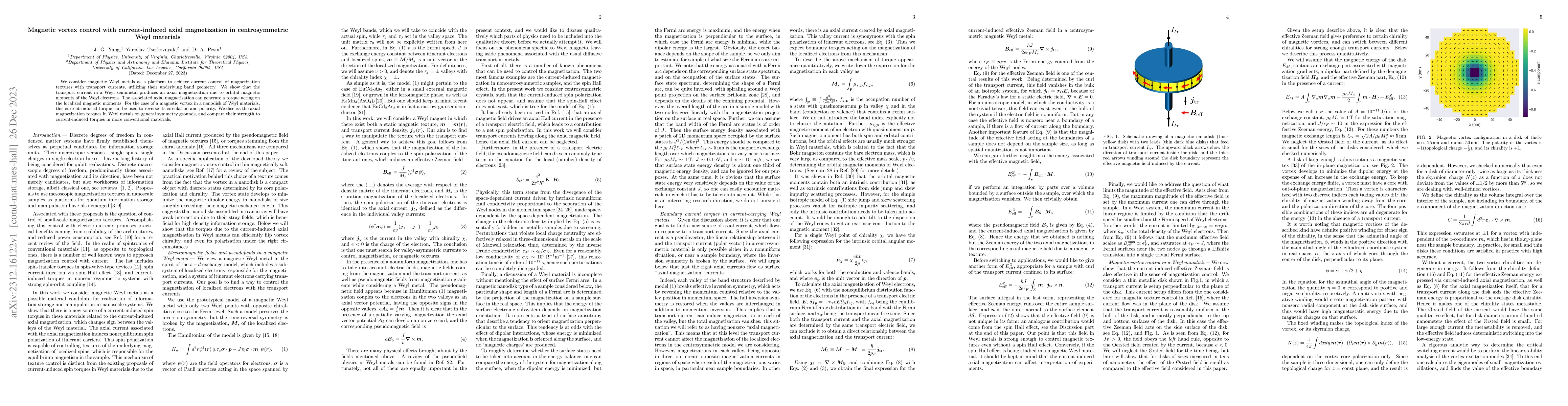 Thumbnail for Magnetic vortex control with current-induced axial magnetization in
  centrosymmetric Weyl materials