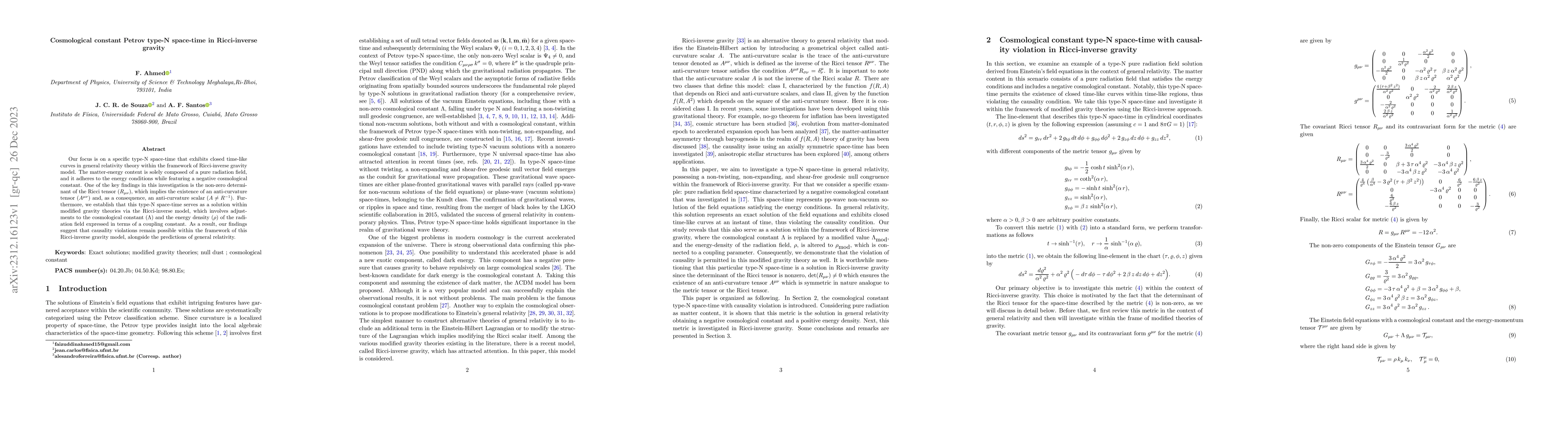 Thumbnail for Cosmological constant Petrov type-N space-time in Ricci-inverse gravity