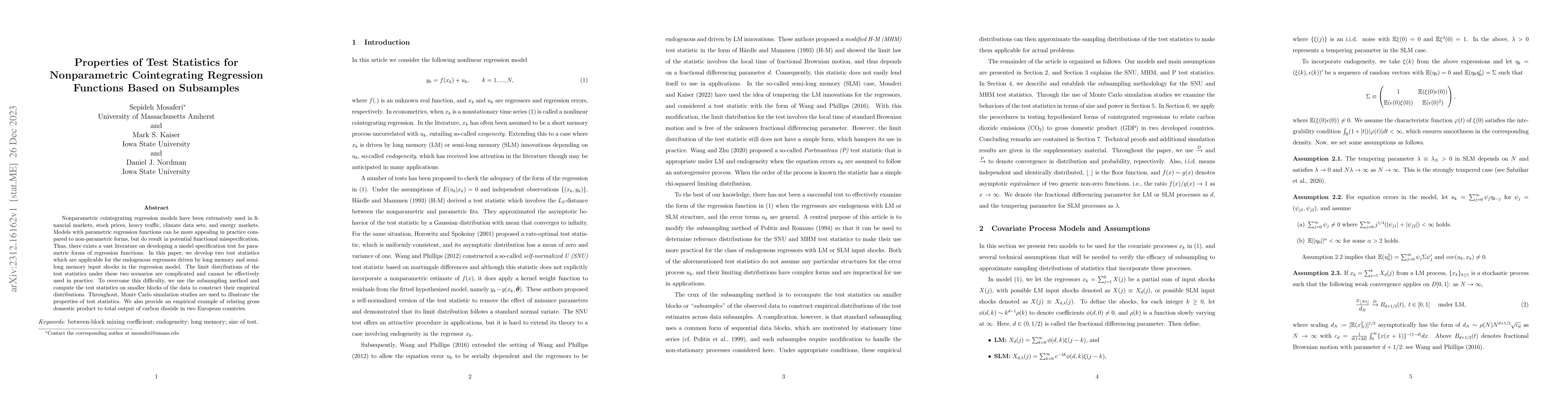 Thumbnail for Properties of Test Statistics for Nonparametric Cointegrating Regression
  Functions Based on Subsamples