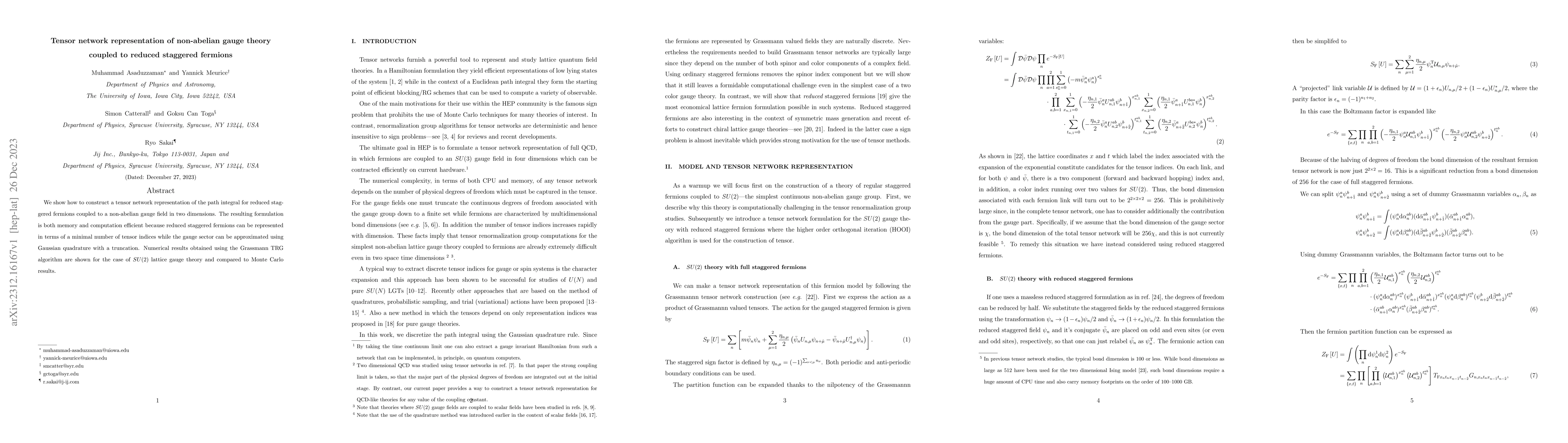 Thumbnail for Tensor network representation of non-abelian gauge theory coupled to
  reduced staggered fermions