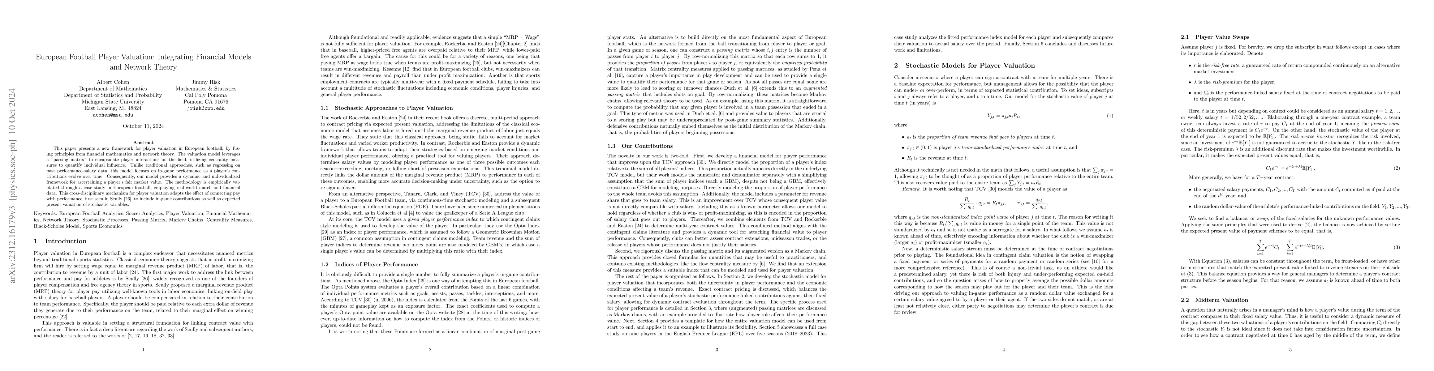 Thumbnail for European Football Player Valuation: Integrating Financial Models and
  Network Theory
