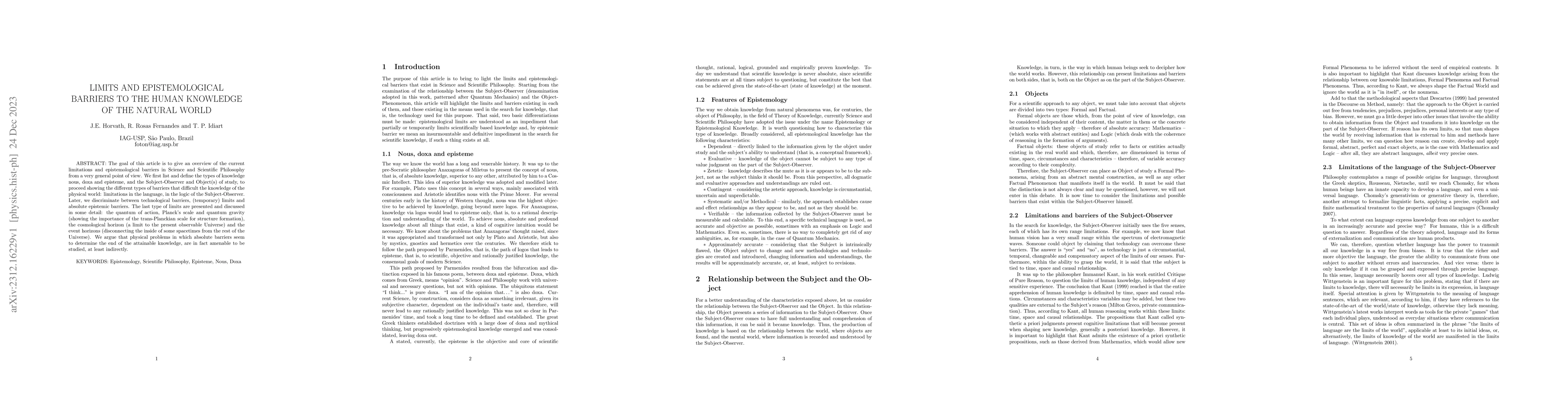 Thumbnail for Limits and epistemological barriers to the human knowledge of the
  natural world
