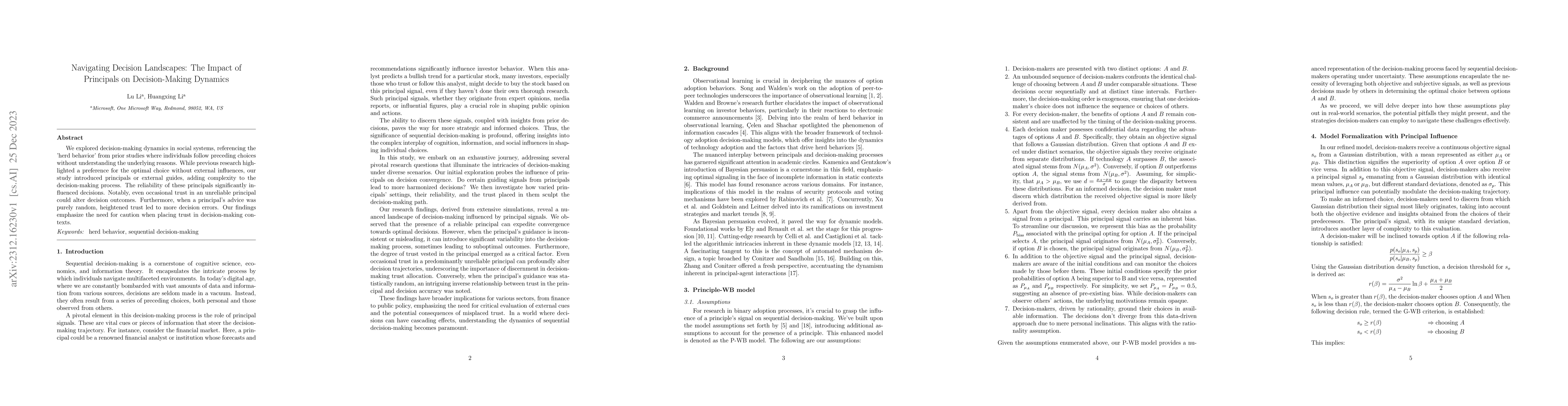 Thumbnail for Navigating Decision Landscapes: The Impact of Principals on
  Decision-Making Dynamics