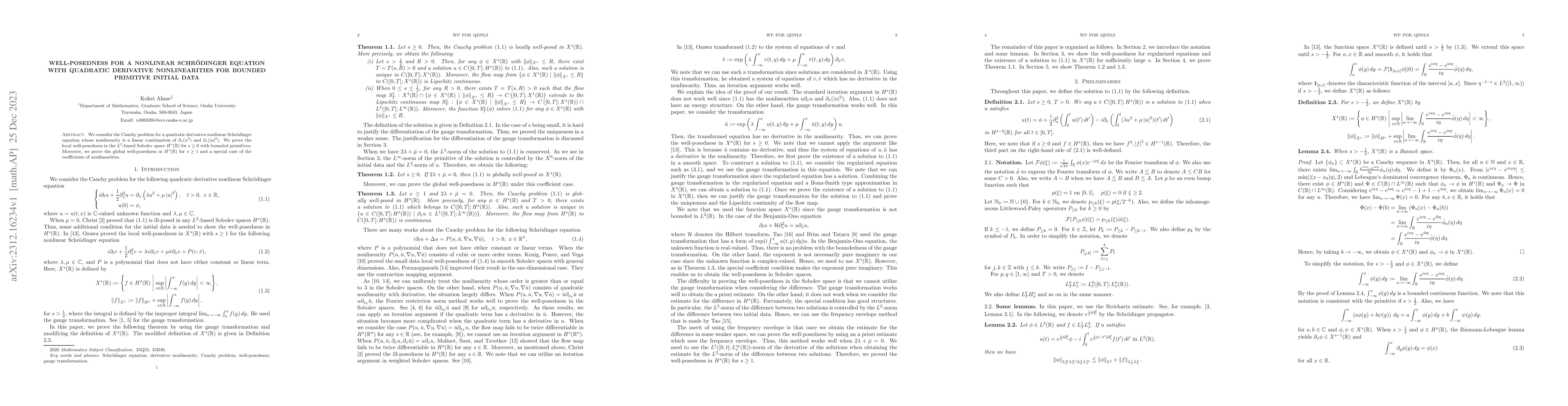 Thumbnail for Well-posedness for a nonlinear Schr\"{o}dinger equation with quadratic
  derivative nonlinearities for bounded primitive initial data