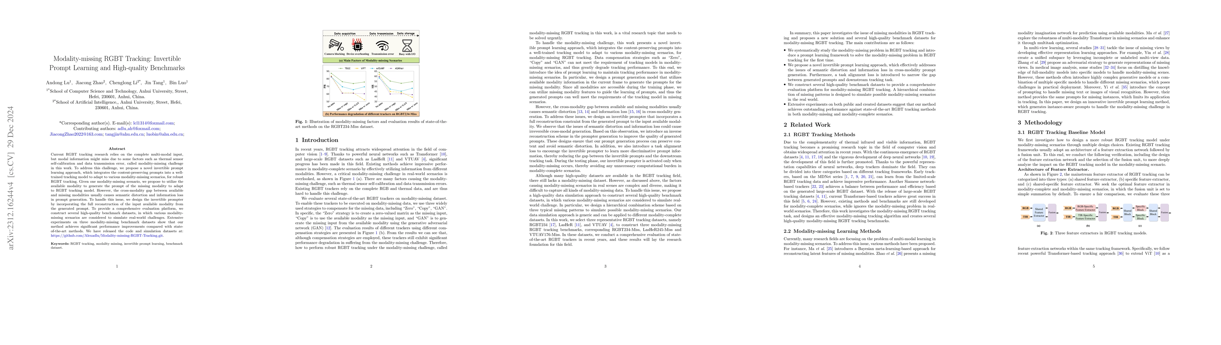 Thumbnail for Modality-missing RGBT Tracking: Invertible Prompt Learning and
  High-quality Benchmarks