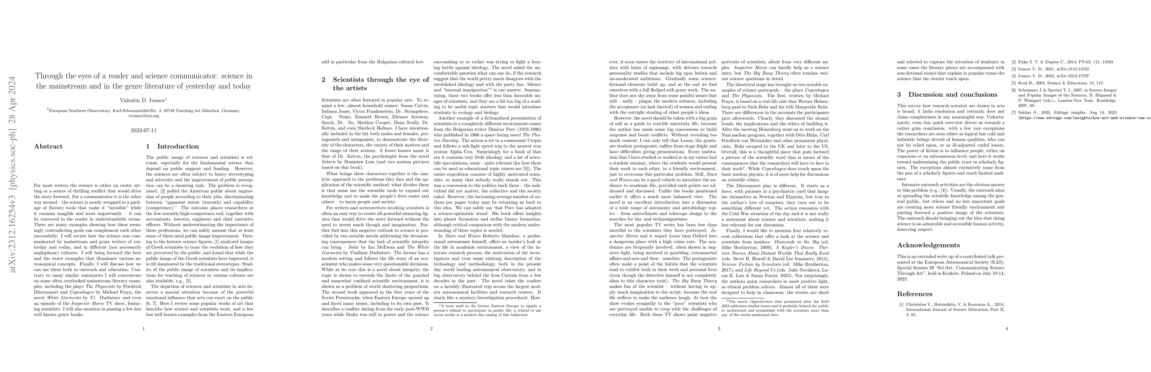 Thumbnail for Through the eyes of a reader and science communicator: science in the
  mainstream and in the genre literature of yesterday and today