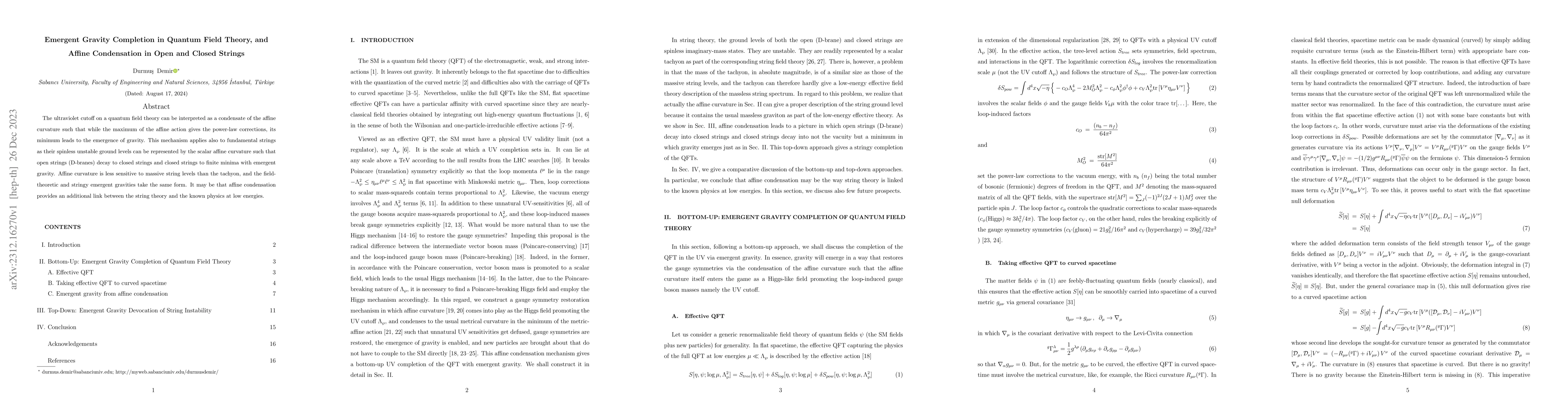 Thumbnail for Emergent Gravity Completion in Quantum Field Theory, and Affine
  Condensation in Open and Closed Strings
