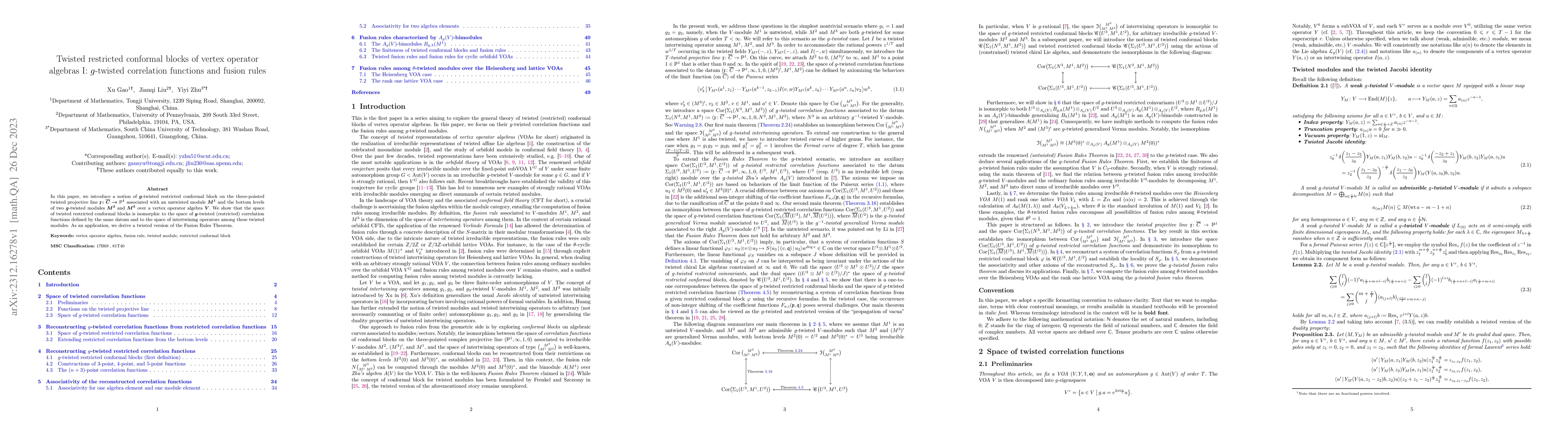 Thumbnail for Twisted restricted conformal blocks of vertex operator algebras I:
  $g$-twisted correlation functions and fusion rules