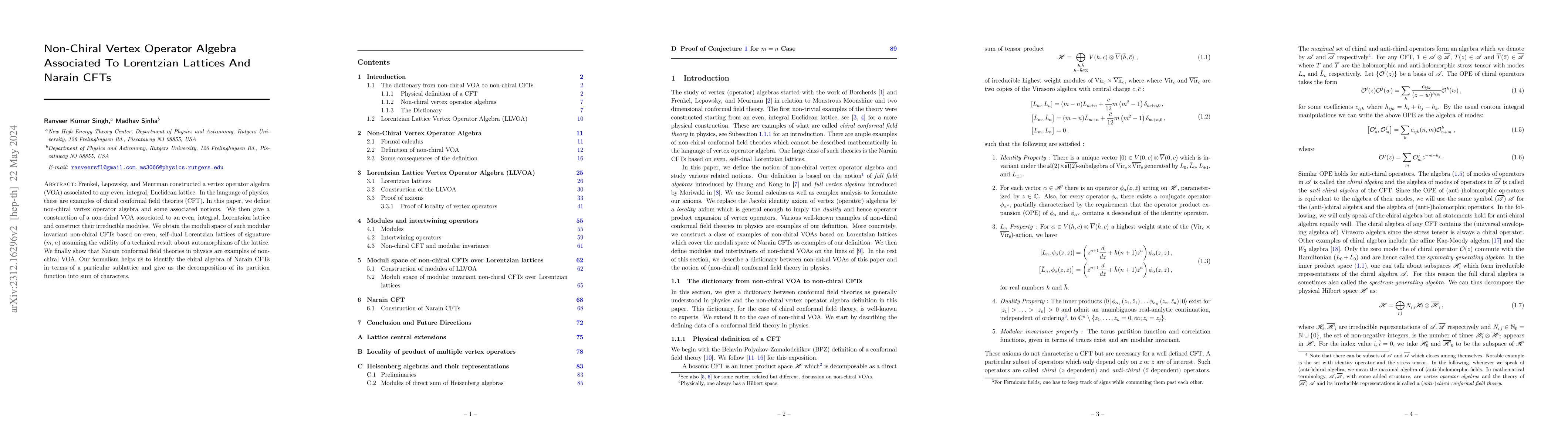 Thumbnail for Non-Chiral Vertex Operator Algebra Associated To Lorentzian Lattices And
  Narain CFTs