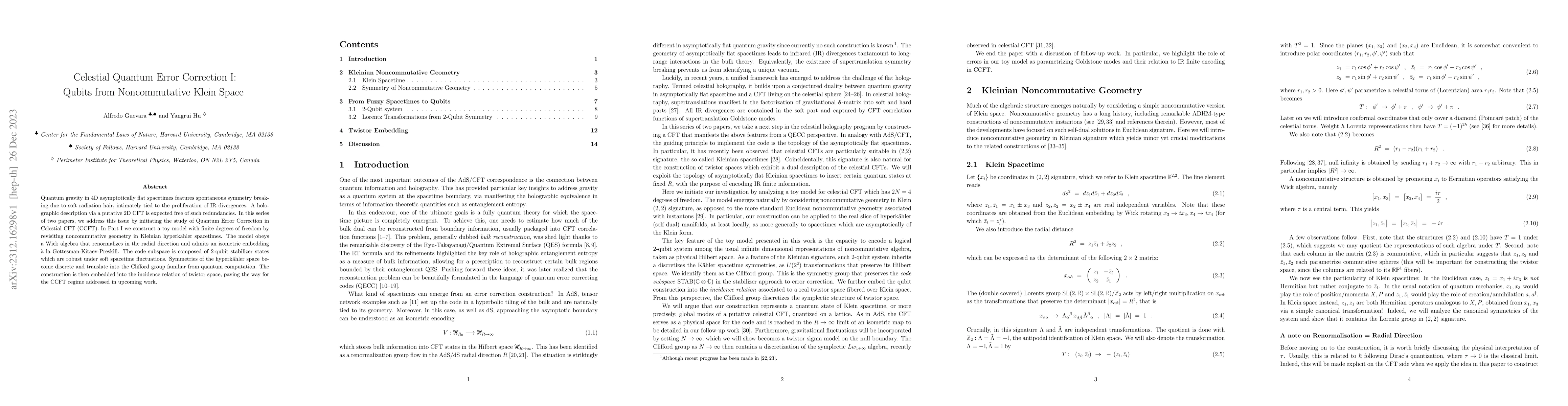 Thumbnail for Celestial Quantum Error Correction I: Qubits from Noncommutative Klein
  Space
