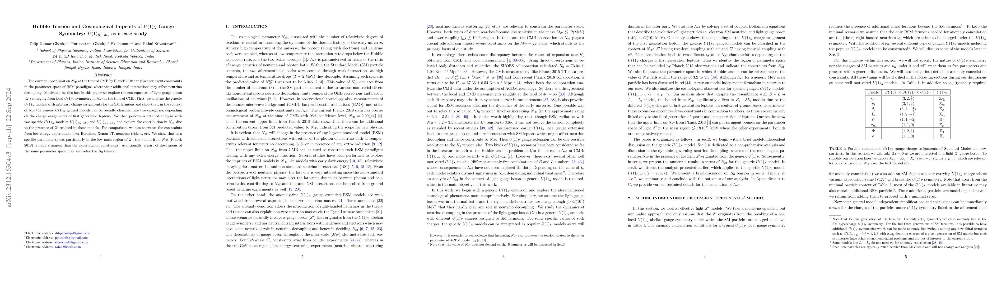 Thumbnail for Hubble Tension and Cosmological Imprints of $U(1)_X$ Gauge Symmetry:
  $U(1)_{B_3-3 L_i}$ as a case study