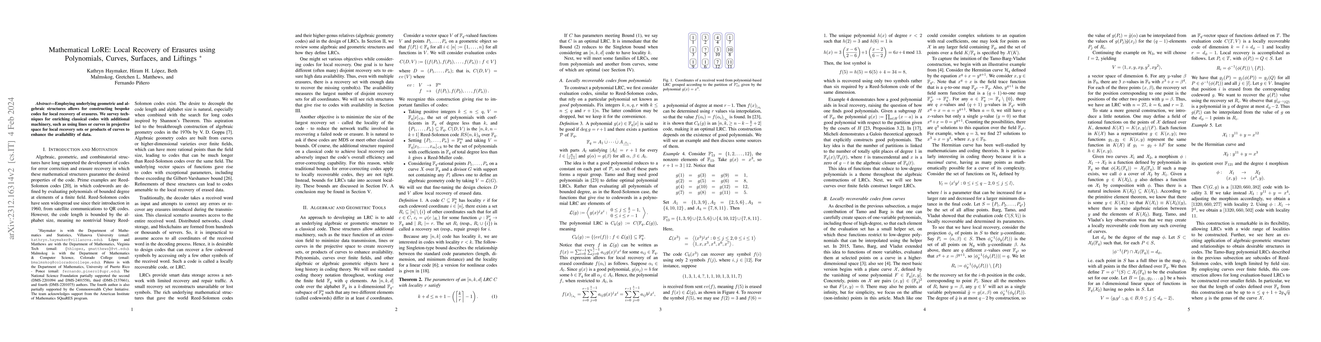 Thumbnail for Mathematical LoRE: Local Recovery of Erasures using Polynomials, Curves,
  Surfaces, and Liftings